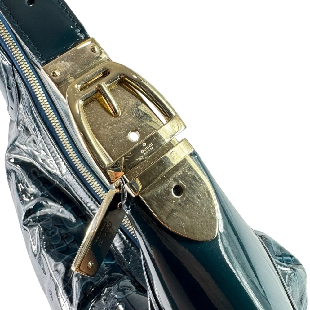 GUCCI Blue Patent Leather Horsebit Glam Hobo Tote Shoulder Bag Made in Italy - Picture 12 of 17
